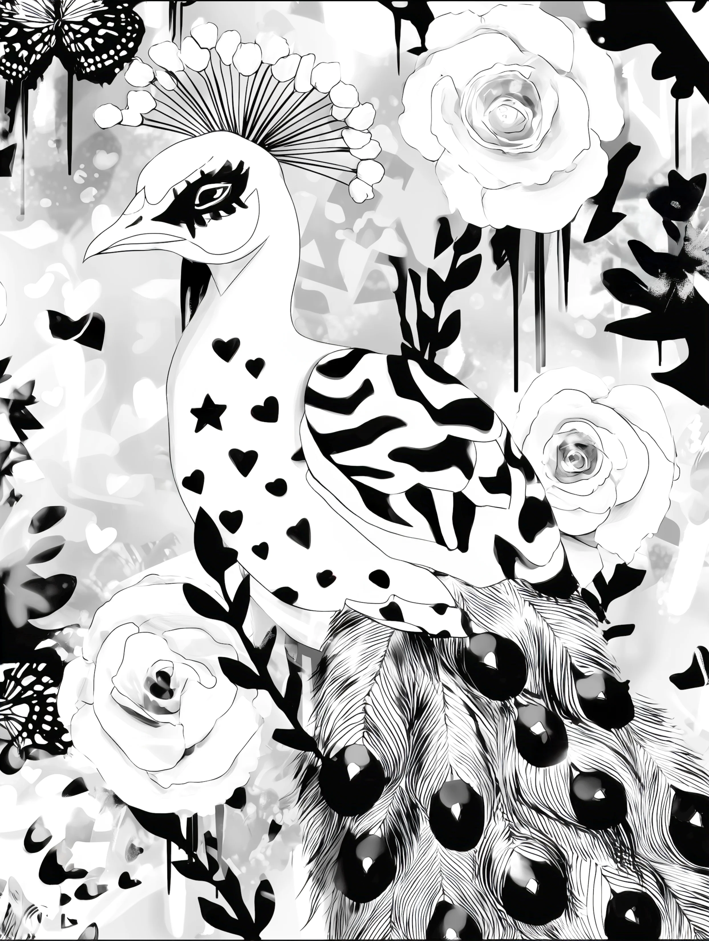 Free printable coloring page of peacock for adults featuring a white peacock